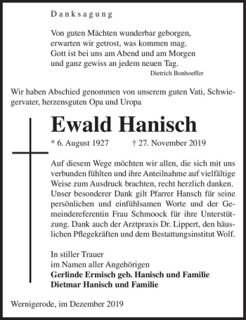 Traueranzeige von Ewald Hanisch  von Magdeburger Volksstimme