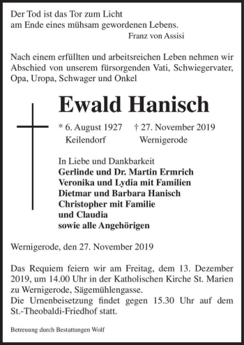 Traueranzeige von Ewald Hanisch  von Magdeburger Volksstimme