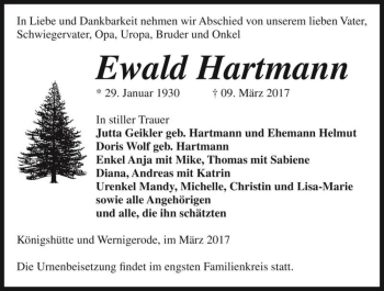 Traueranzeige von Ewald Hartmann  von Magdeburger Volksstimme