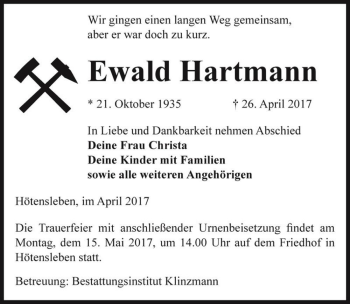 Traueranzeige von Ewald Hartmann  von Magdeburger Volksstimme