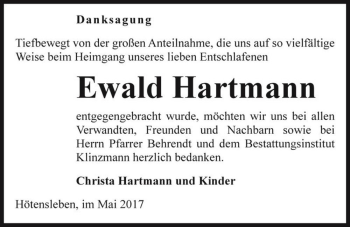 Traueranzeige von Ewald Hartmann  von Magdeburger Volksstimme