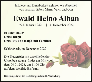 Traueranzeige von Ewald Heino Alban  von Magdeburger Volksstimme