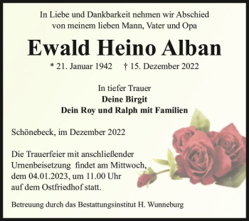Traueranzeige von Ewald Heino Alban  von Magdeburger Volksstimme