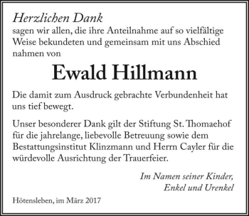 Traueranzeige von Ewald Hillmann  von Magdeburger Volksstimme