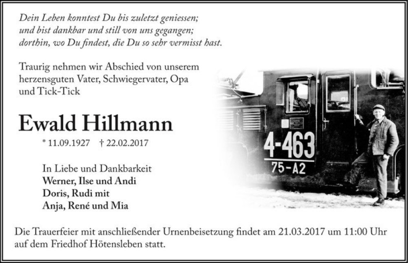  Traueranzeige für Ewald Hillmann  vom 08.03.2017 aus Magdeburger Volksstimme