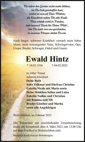 Traueranzeige von Ewald Hintz  von Magdeburger Volksstimme