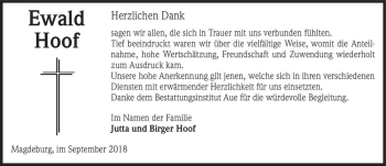 Traueranzeige von Ewald Hoof  von Magdeburger Volksstimme