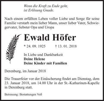 Traueranzeige von Ewald Höfer  von Magdeburger Volksstimme