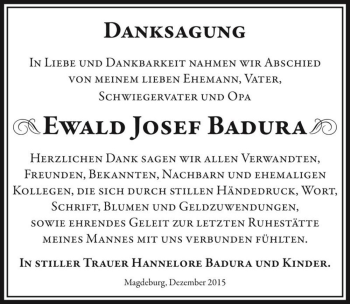 Traueranzeige von Ewald Josef Badura  von Magdeburger Volksstimme