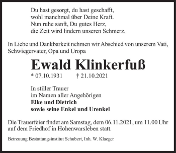 Traueranzeige von Ewald Klinkerfuß  von Magdeburger Volksstimme