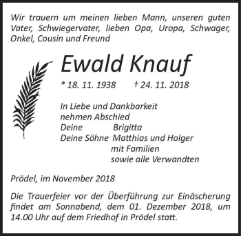 Traueranzeige von Ewald Knauf  von Magdeburger Volksstimme