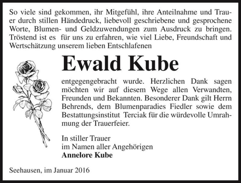  Traueranzeige für Ewald Kube  vom 23.01.2016 aus Magdeburger Volksstimme