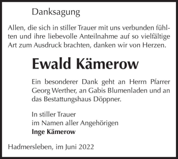 Traueranzeige von Ewald Kämerow  von Magdeburger Volksstimme