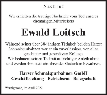 Traueranzeige von Ewald Loitsch  von Magdeburger Volksstimme
