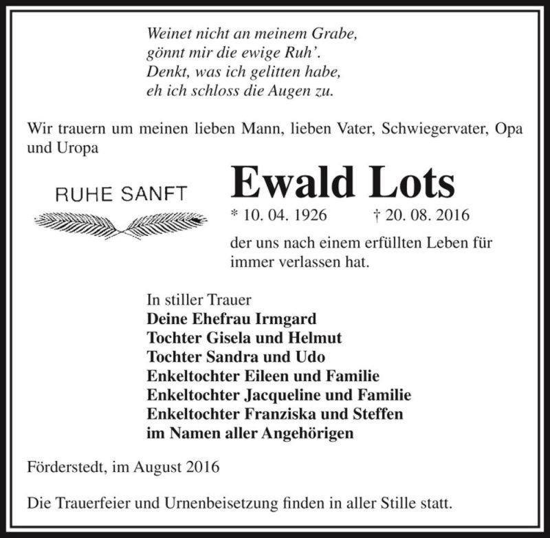  Traueranzeige für Ewald Lots  vom 27.08.2016 aus Magdeburger Volksstimme