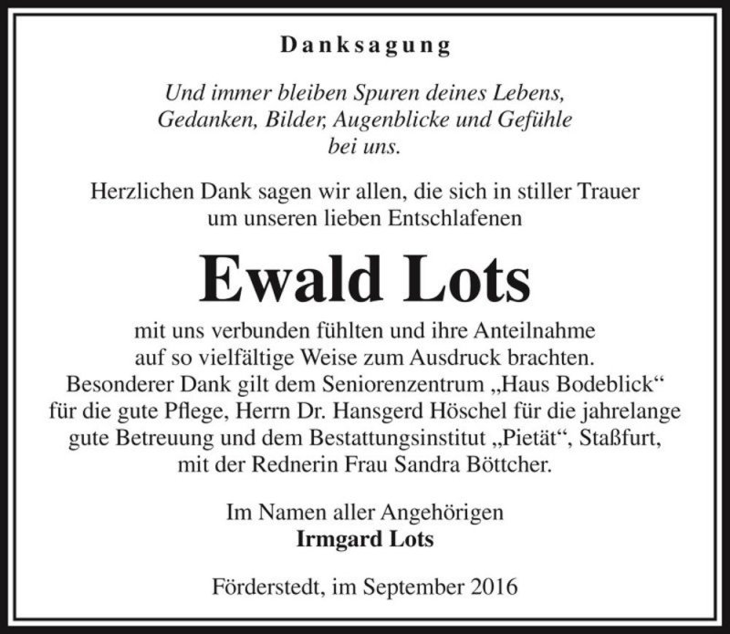  Traueranzeige für Ewald Lots  vom 03.09.2016 aus Magdeburger Volksstimme