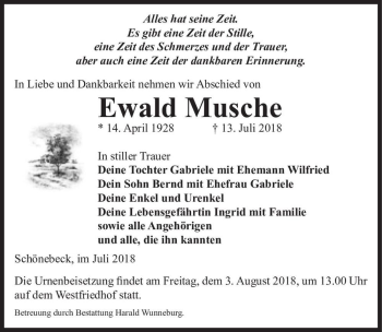 Traueranzeige von Ewald Musche  von Magdeburger Volksstimme