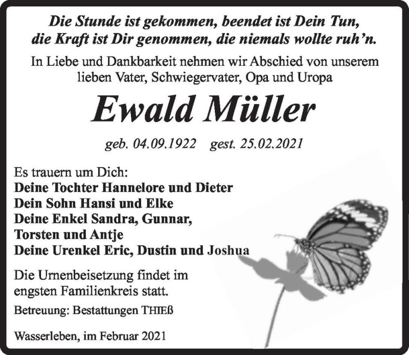  Traueranzeige für Ewald Müller  vom 06.03.2021 aus Magdeburger Volksstimme