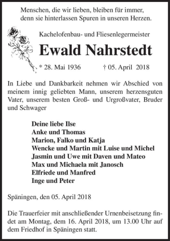 Traueranzeige von Ewald Nahrstedt  von Magdeburger Volksstimme