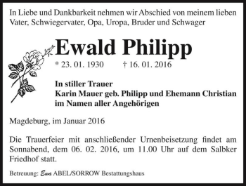 Traueranzeige von Ewald Philipp  von Magdeburger Volksstimme