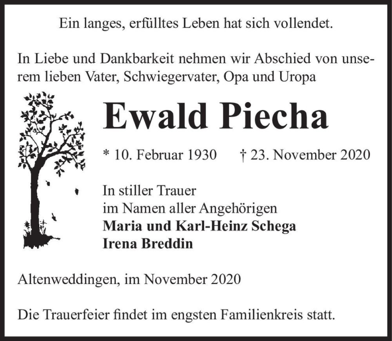  Traueranzeige für Ewald Piecha  vom 28.11.2020 aus Magdeburger Volksstimme