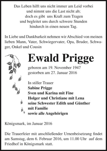 Traueranzeige von Ewald Prigge  von Magdeburger Volksstimme