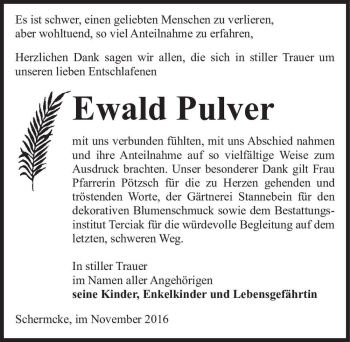 Traueranzeige von Ewald Pulver  von Magdeburger Volksstimme