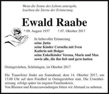 Traueranzeige von Ewald Raabe  von Magdeburger Volksstimme