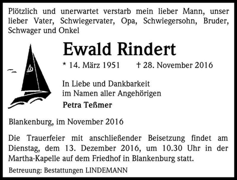  Traueranzeige für Ewald Rindert  vom 06.12.2016 aus Magdeburger Volksstimme