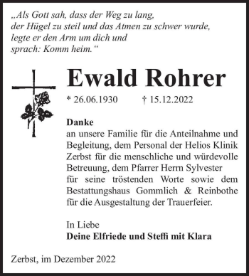 Traueranzeige von Ewald Rohrer  von Magdeburger Volksstimme