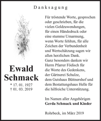 Traueranzeige von Ewald Schmack  von Magdeburger Volksstimme