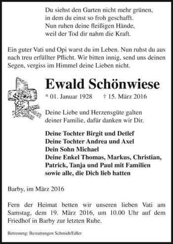 Traueranzeige von Ewald Schönwiese  von Magdeburger Volksstimme