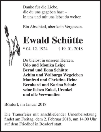 Traueranzeige von Ewald Schütte  von Magdeburger Volksstimme