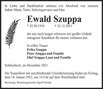 Traueranzeige von Ewald Szuppa  von Magdeburger Volksstimme