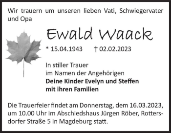 Traueranzeige von Ewald Waack  von Magdeburger Volksstimme