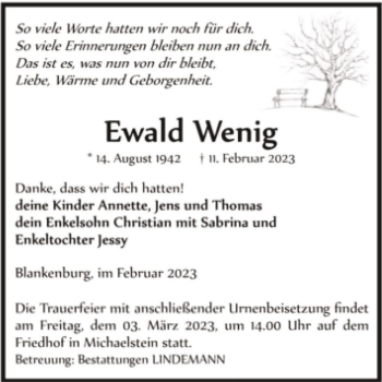 Traueranzeige von Ewald Wenig  von Magdeburger Volksstimme