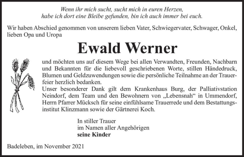  Traueranzeige für Ewald Werner  vom 13.11.2021 aus Magdeburger Volksstimme
