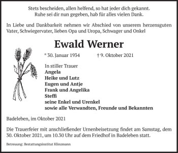 Traueranzeige von Ewald Werner  von Magdeburger Volksstimme