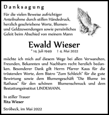 Traueranzeige von Ewald Wieser  von Magdeburger Volksstimme