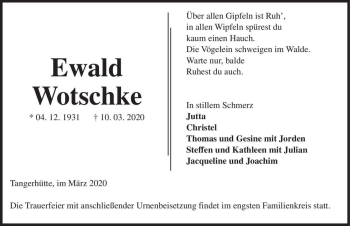 Traueranzeige von Ewald Wotschke  von Magdeburger Volksstimme