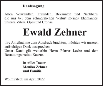 Traueranzeige von Ewald Zehner  von Magdeburger Volksstimme
