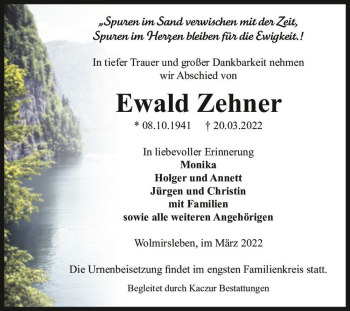 Traueranzeige von Ewald Zehner  von Magdeburger Volksstimme