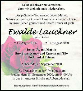 Traueranzeige von Ewalde Lauckner (geb. Golke)  von Magdeburger Volksstimme