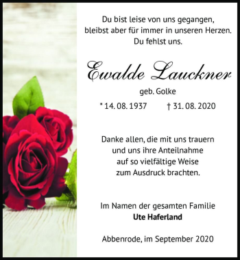 Traueranzeige von Ewalde Lauckner (geb. Golke)  von Magdeburger Volksstimme