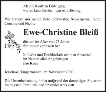 Traueranzeige von Ewe-Christine Bleiß  von Magdeburger Volksstimme