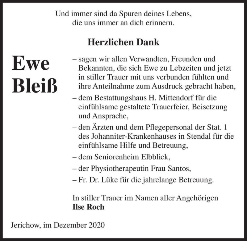  Traueranzeige für Ewe Bleiß  vom 19.12.2020 aus Magdeburger Volksstimme