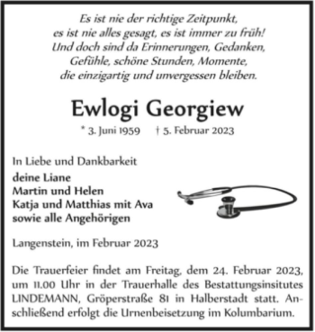 Traueranzeige von Ewlogi Georgiew  von Magdeburger Volksstimme