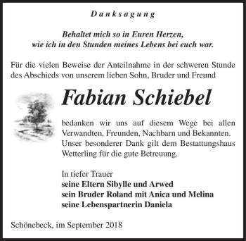 Traueranzeige von Fabian Schiebel  von Magdeburger Volksstimme