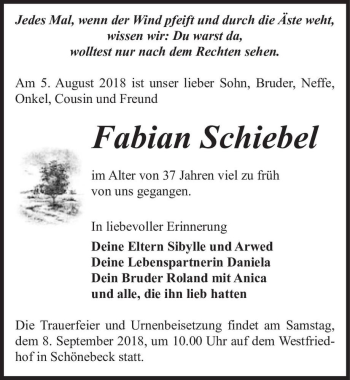 Traueranzeige von Fabian Schiebel  von Magdeburger Volksstimme