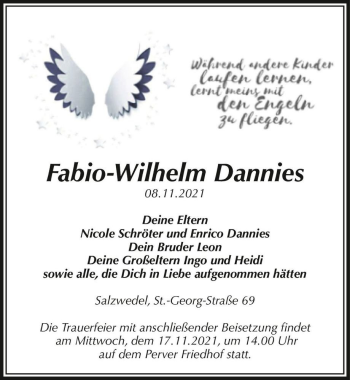 Traueranzeige von Fabio-Wilhelm Dannies  von Magdeburger Volksstimme